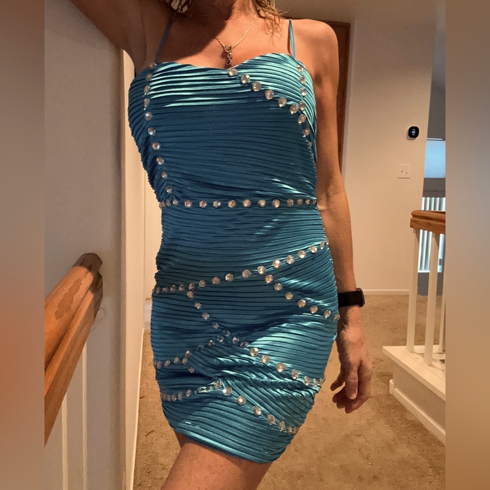 Sexy blue rhinestone dress party, clubbing evening  small new